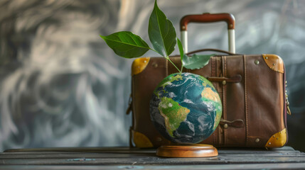 A minimalist globe paired with a suitcase and a green leaf overlay, illustrating eco-tourism