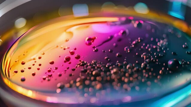 A closeup of a petri dish filled with a rainbow of hues as different microorganisms grow and multiply. This is a visual representation of the intricate ecosystem created during the .