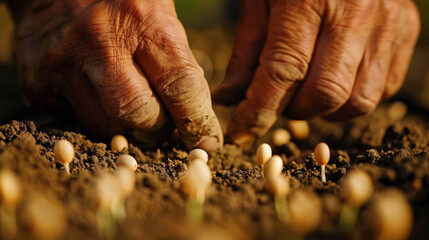 Close-up of a farmer's hands planting seeds in fertile soil