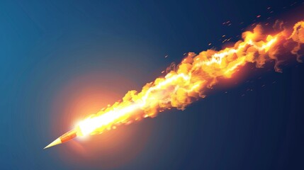 In the sky, a rocket launch smoke trail with fire flame modern appears. A realistic jet takeoff explosion speed effect is isolated in the air. A spray of white spacecraft with steam track appears in