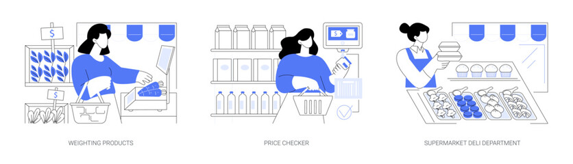 Supermarket shopping process isolated cartoon vector illustrations se
