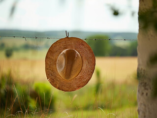 A minimalist view of a farmers hat hanging on a hook with a blurred field through a window