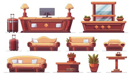Illustration of a cartoon hotel lobby design element isolated on a white background. The background shows a reception desk with computer monitor, lamps, a couch, a table with vases, flowers, and a