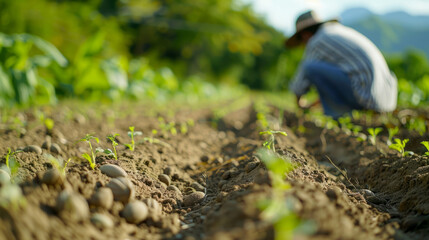 A single row of planted seeds in clear soil with a soft focus gardener in the background