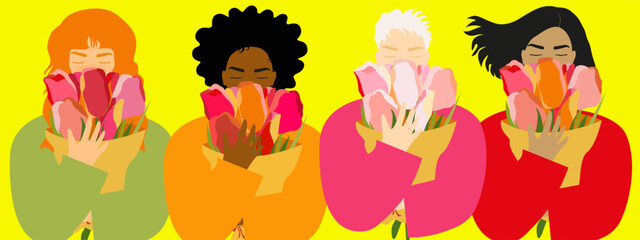 Group of different abstract women of different races with a bouquet of colorful tulips.Vector illustration for greeting cards and banners for Happy Women's Day,birthday.