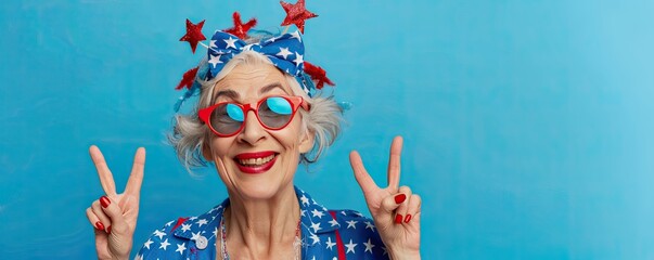 Happy Mature Woman Dressed on a Red white and Blue for the 4th of July on a Blue Background with Space for Copy