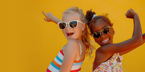 Two Best Friends in Sunglasses Celebrating Summer on a Yellow Background with Space for Copy