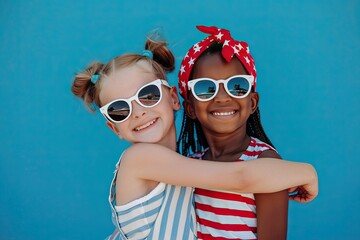 Two Best Friends in Sunglasses and Dressed in 4th of July Clothes on a Blue Background with Space for Copy