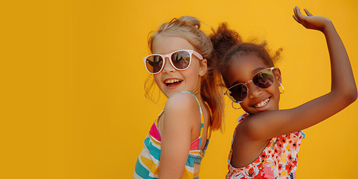Two Best Friends in Sunglasses Celebrating Summer on a Yellow Background with Space for Copy