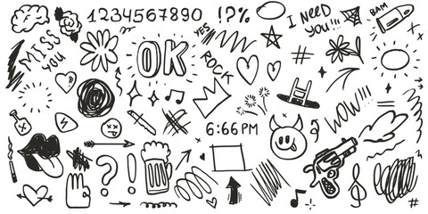 Doodle grunge set or collection. Vector hand drawn graffiti groovy prints, emo gothic signs and symbols. Marker or charcoal scribble sticker, crayon wax paint collage. Street style doodle kit. © KPstudio