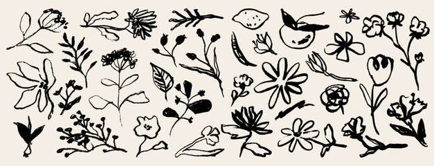 Contemporary abstract minimal tattoo flower collection. Vector illustration. Ink hand drawn wild flowers set. Abstract plants art in charcoal or crayon drawing style. Pencil drawn floral elements.
