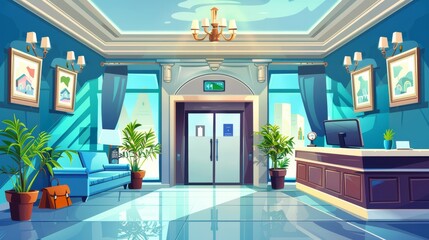 Detailed cartoon hotel lobby interior design with large windows, an elevator, a computer monitor on the reception desk, an armchair, a travel bag, green plants, lamps hanging from the ceiling. - obrazy, fototapety, plakaty