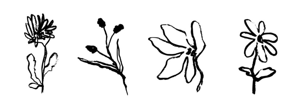 Contemporary minimal tattoo flower poster or placard collection. Vector illustration. Ink hand drawn flowers set. Abstract plants art in charcoal or crayon drawing style. Pencil drawn floral elements.