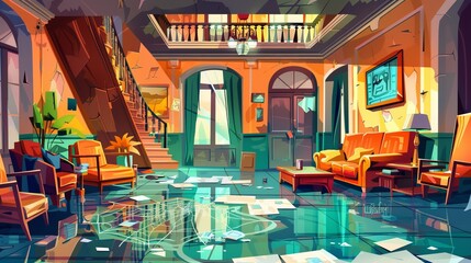 The interior of an abandoned dirty hotel lobby room seen from a cartoon. Tourism business messy hall with broken furniture and spider webs on the stairs. The interior of a mess lounge with a - obrazy, fototapety, plakaty