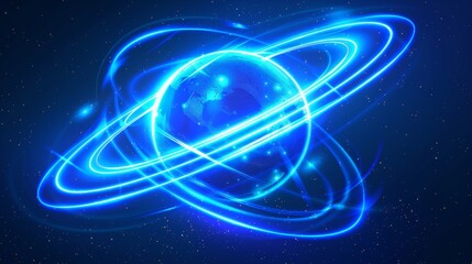 A blue planet ring neon light effect and a circle line sparkle. Modern illustration of a space curve orbit. Abstract galaxy element circular disk shape frame.