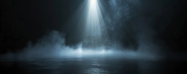 Black background with spotlight, white spotlight in the center of the picture, fog on floor