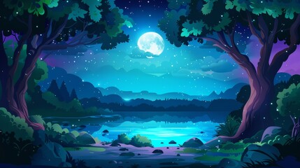 This wonderful midnight valley with light reflections has a lake in the forest and a starry sky in the sky. The landscape is fantasy modern halloween with a full moon, water in ponds, trees and a sky