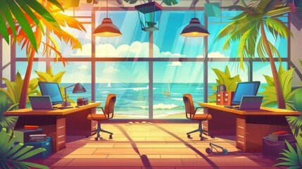 Modern cartoon illustration of seaside company office with tropical beach view and palm trees hidden behind large windows. Laptops and folders on desktops, chairs, lamps. Business workspace at the