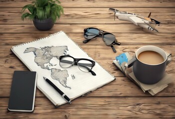 'Traveling glasses surface globe cd notepad Rendering sketch concept coffee 3D cup pen wooden'