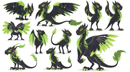 This is a cartoon illustration of a black griffin with green wings, isolated on a white background. A wild hippogriff with horns and tail stands, sits, hunts. This is a fairy-tale monster from a - obrazy, fototapety, plakaty