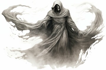 Black and White Illustration of a Wraith on a White Background - obrazy, fototapety, plakaty