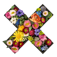 Sign of multiplication made of real natural flowers and leaves isolated.