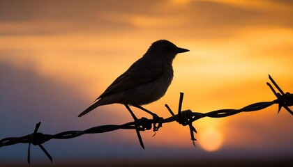  Silhouette of Small Bird Perched on Barbed Wire at Sunset  - Powered by Adobe