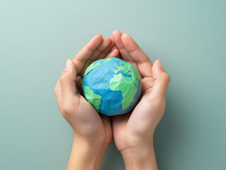 Two hands holding a colorful paper globe, Concept of taking care of the environment and promoting a sustainable and green earth.