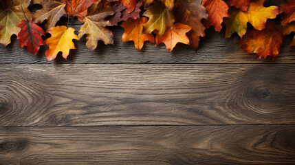 fall oak leaves border on an old wood background сreated with Generative Ai