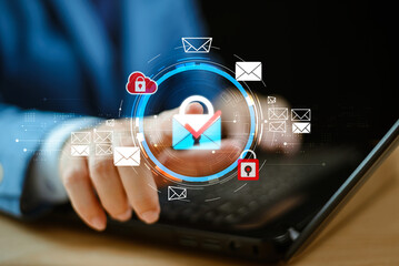 Email secure access, e-mail warning concept, cyber security online privacy personal data protection. Virus computer internet security. Businessman touch key electronic mail. Cybersecurity e-marketing