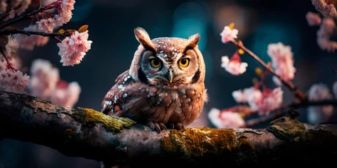 Poster An owl sits on a branch in early spring. Beautiful bird of new life . Generative AI © Лилия Захарчук