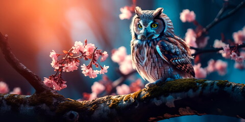 An owl sits on a branch in early spring. Beautiful bird of new life . Generative AI - Powered by Adobe