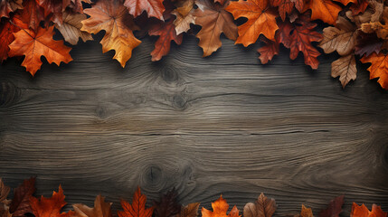 Obraz premium fall oak leaves border on an old wood background сreated with Generative Ai