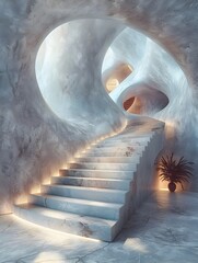 Surreal Architectural Tunnel with Ethereal Staircase in Futuristic Design