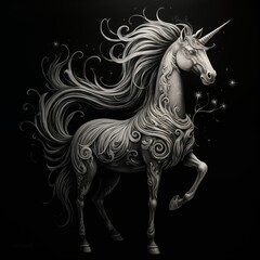 Naklejka na ściany i meble Black and White Illustration of a Unicorn on a Black Background