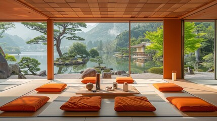 Traditional Japanese Tea Room Overlooking Zen Garden and Pond - obrazy, fototapety, plakaty