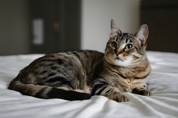 Tabby cat lounges on bedspread, eyes wide in wonder, inviting tranquility in blurred interior