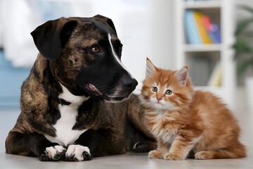 Brindle dog and orange kitten share peaceful moment in cozy indoor setting