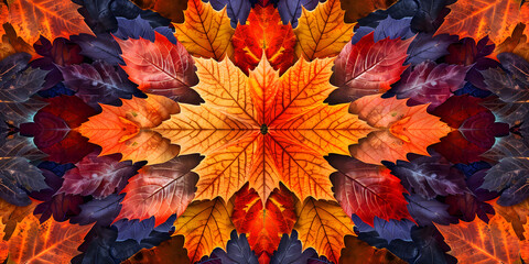 Kaleidoscope of autumn leaves, vibrant and colorful, ideal for seasonal promotions or nature-inspired products  - obrazy, fototapety, plakaty