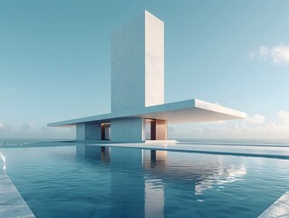 Naklejka premium Towering Minimalist Concrete Structure Standing Alone in a Serene Landscape of Clear Sky and Reflecting Pool,Exuding Futuristic Elegance and