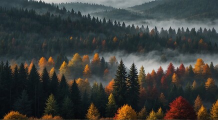 Mystical Autumn Fog in Black Forest, Germany - Enchanting Landscape with Rising Fog, Autumnal Trees, and Firs
