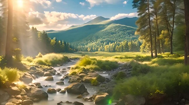 Artistic conception of beautiful landscape painting of nature of forest