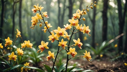 Wild yellow orchids in a forest