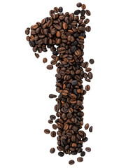 Number 1 made from roasted coffee beans on white isolated background.
