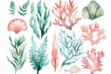 Watercolor sea coral and seaweed clipart. Hand drawn watercolor sea themed elements. Illustration isolated on white background - obrazy, fototapety, plakaty