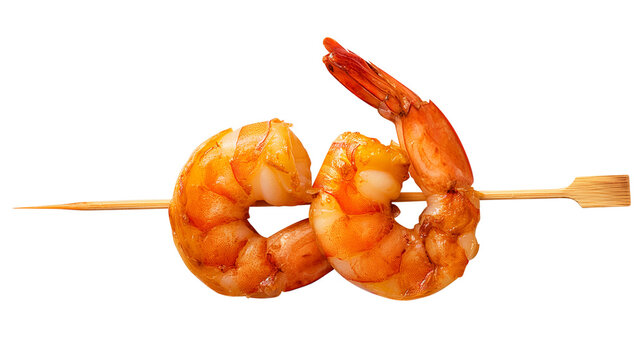 Roasted peeled prawn with skewer, Grilled shrimp on white background isolated on transparent background Remove png, Clipping Path, pen tool