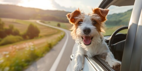 Very happy dog looking out of car window, road trip at sunny day