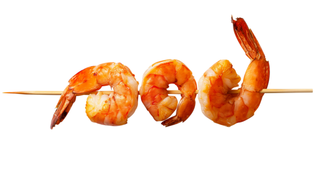 Roasted peeled prawn with skewer, Grilled shrimp on white background isolated on transparent background Remove png, Clipping Path, pen tool
