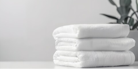 White clean towels on table in bathroom, laundered towels - obrazy, fototapety, plakaty