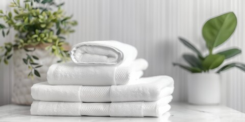 Fototapeta na wymiar White clean towels on table in bathroom, laundered towels